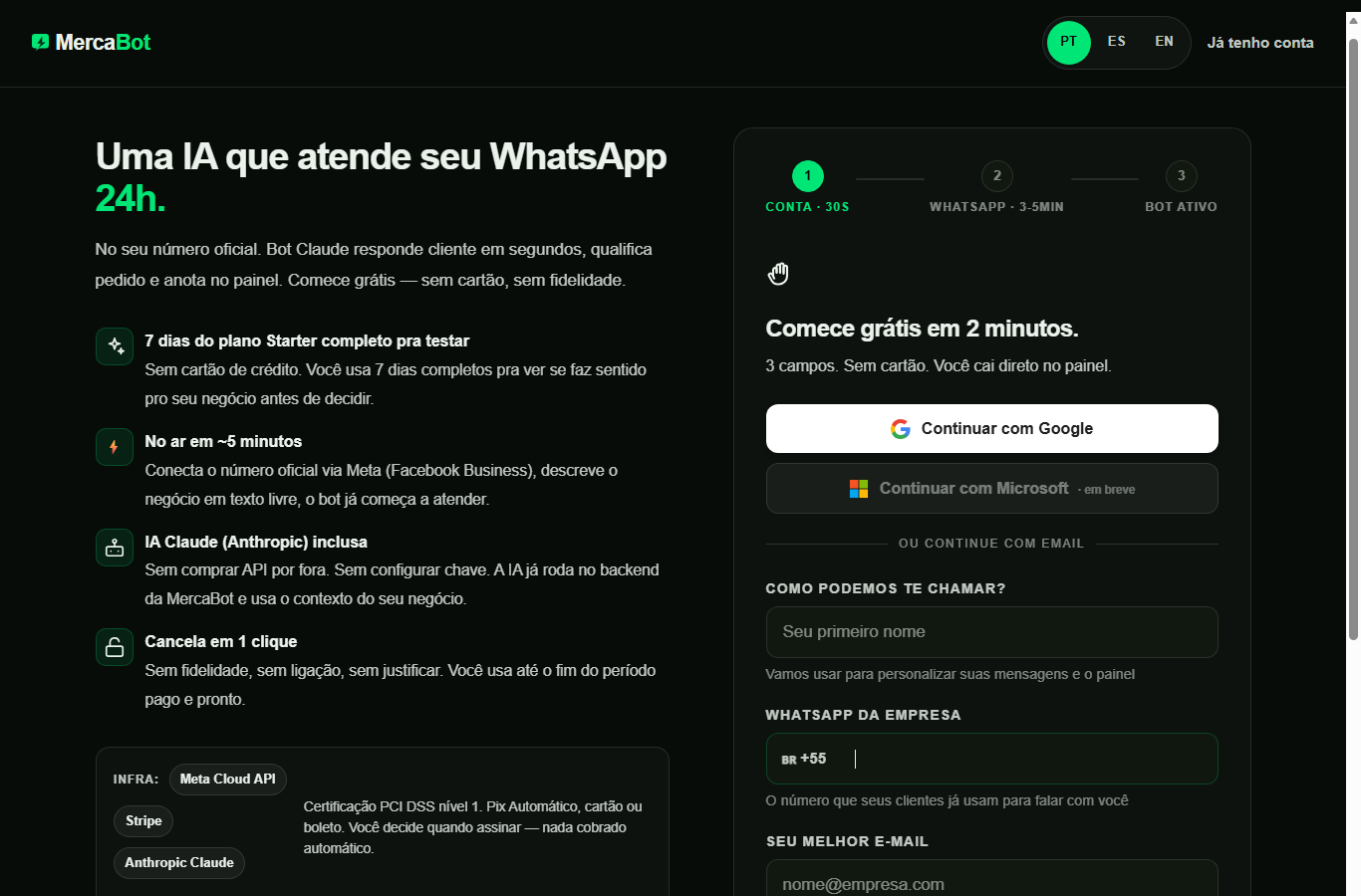 Tela real do cadastro do MercaBot: três campos (nome, WhatsApp da empresa e e-mail) e o botão verde Começar grátis